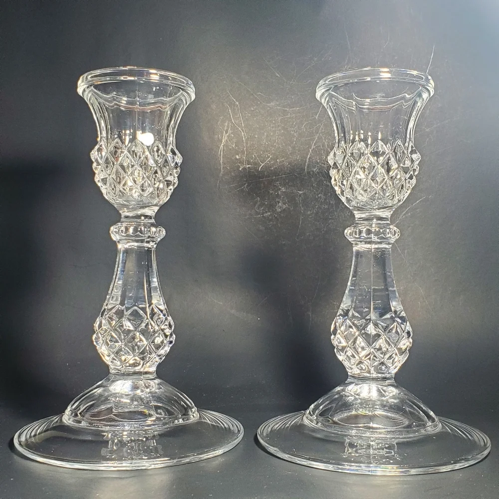 Vintage Candlestick Holders Sparkly Clear Glass Pair of Diamond Cut